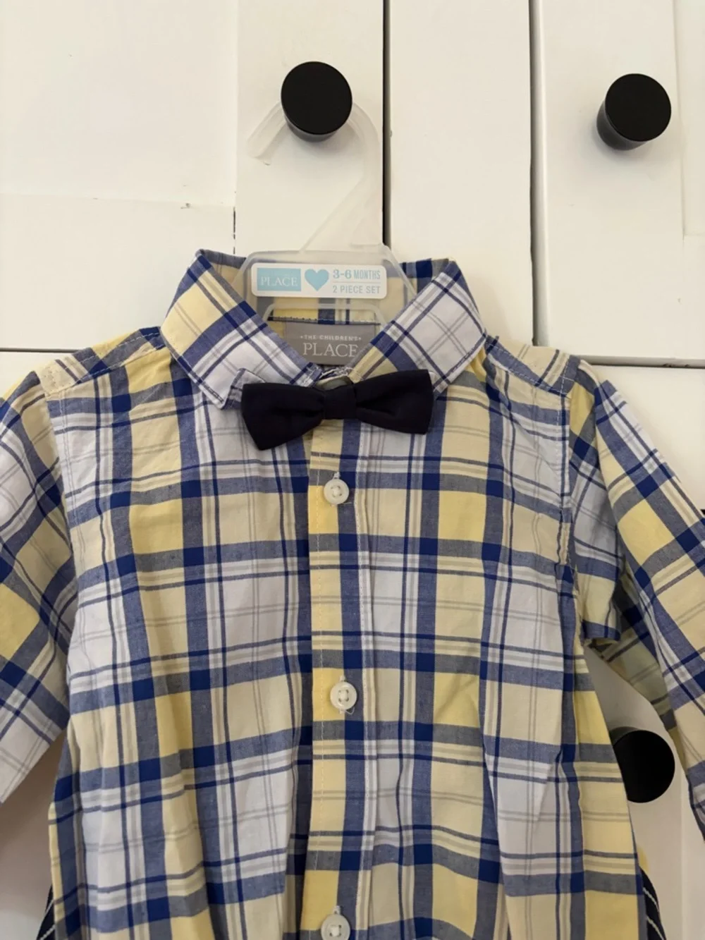The Children’s Place Plaid Button-Up Bodysuit Yellow Pants Bow Tie Suspenders - Picture 2 of 5